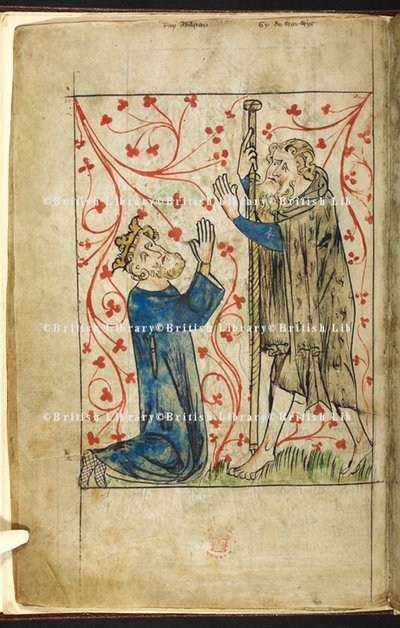 King Athelstan kneeling before Guy of Warwick, Dressed as a Palmer, illustration from the 