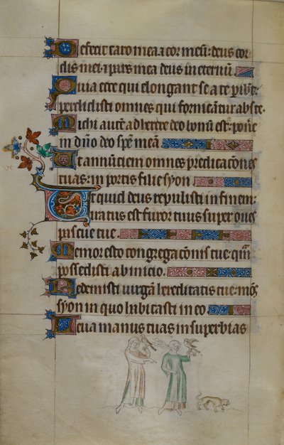 Bas-de-page scene of two women carrying hawks, and a small dog in front of them, with an inhabited initial, illustration from the 