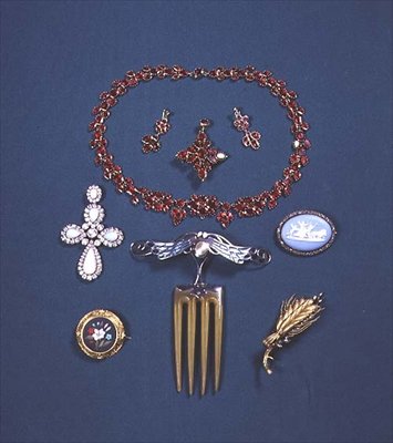 Ruby Necklace and Earring Set; Opal and Diamond Brooch; Pietra Dura Brooch; Hair Comb with Plique-a-jour Enamel by English School