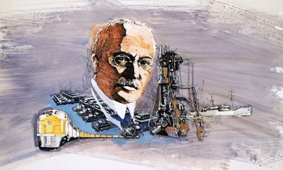 Rudolf Diesel against background of trains, boats and docks by English School