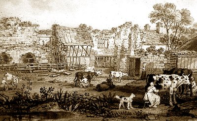 Ruined Manor House with Milking Cows by English School