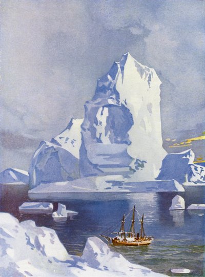 Sailing ship in front of a giant iceberg by English School