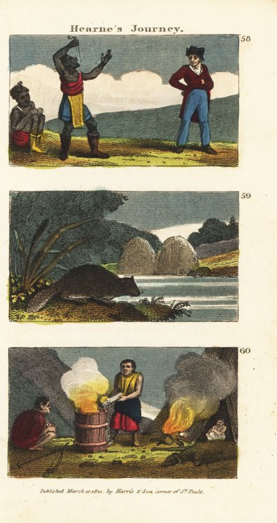 Samuel Hearne Watching a Native American Sword-Swallower, North American Beaver, and Indians Boiling Water in a Wooden Barrel with Hot Stones by English School
