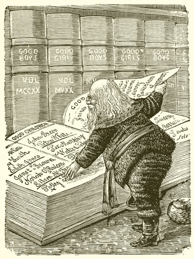 Santa Claus looking in his diary for the names of children who have been good since last Christmas by English School