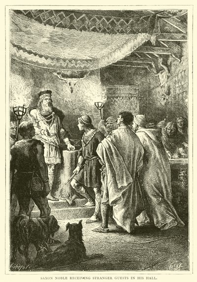Saxon Noble receiving stranger guests in his hall by English School