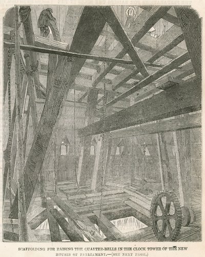 Scaffolding for raising the quarter-bells in the Clock Tower of the new Houses of Parliament by English School