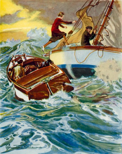 Scene from Four Valves and Sheila: A Woman Leaping from a Motor Boat to a Yacht in Rough Seas by English School