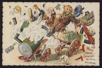 Scotsman riding an exploding steam engine by English School
