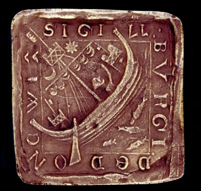 Seal of the City of Dunwich in Suffolk. A ship is represented in a rough sea, probably alluding to the storms that destroyed part of the city in 1286 and 1347. 14th century. Paris, National Archive by English School