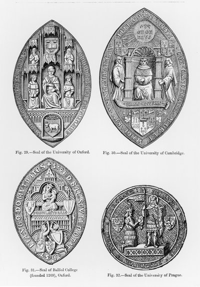 Seals of the University of Oxford, Cambridge, Balliol College, Oxford and University of Prague, illustration from Science and Literature of the Middle Ages and the Renaissance, written by Paul Lacroix by English School