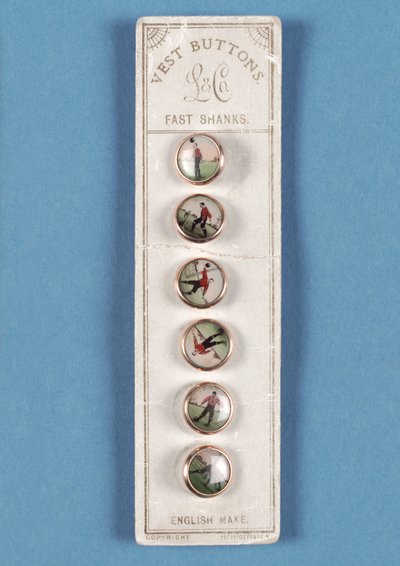 Set of six vest buttons on original card backing with photographic decorations of footballers by English School