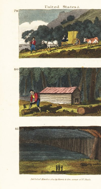Settlers in a Wagon Traveling to the Western States, Settlers Building a Log Cabin, and View of Mammoth Cave in Kentucky by English School