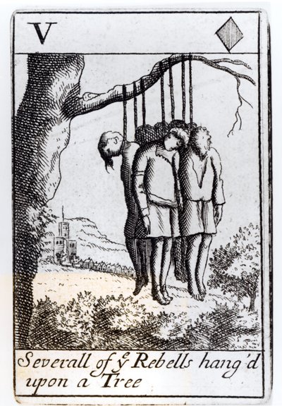 Several Rebels Hanged from a Tree, Five of Hearts Playing Card from a Set Commemorating Monmouth