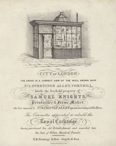 Shop of Samuel Knights, printseller and frame maker, 3 Sweetings Alley, Cornhill, City of London by English School