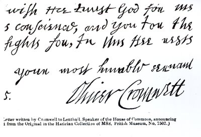 Signature of Oliver Cromwell, from a handwritten letter to Lenthall, Speaker of the House of Commons by English School
