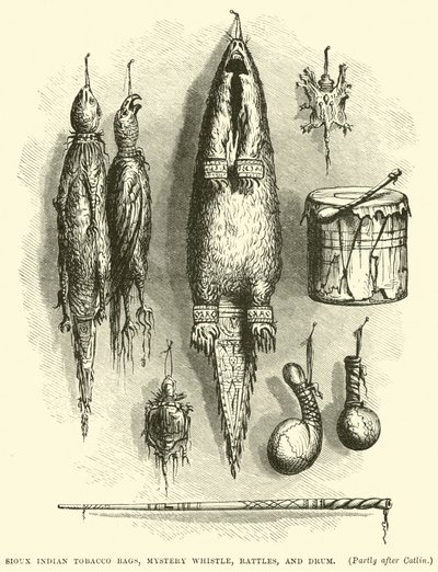 Sioux Indian Tobacco Bags, Mystery whistle, rattles, and drum by English School