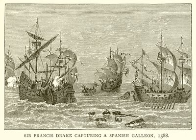 Sir Francis Drake capturing a Spanish Galleon, 1588 by English School