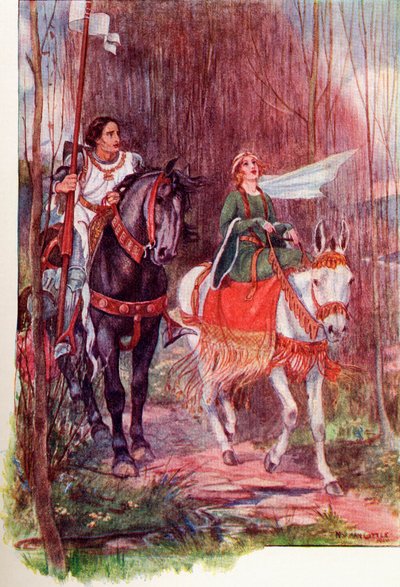 Sir Lancelot and Queen Guinevere. Coloured Illustration from the Book 