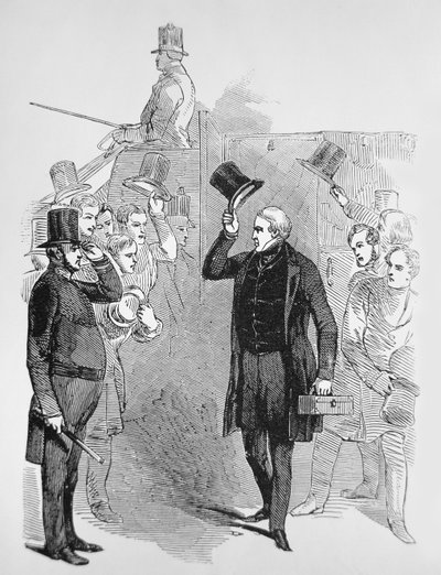 Sir Robert Peel arriving at the House of Commons, saluted by a 