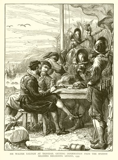 Sir Walter Raleigh at Trinidad, getting Information from the Spanish Soldiers regarding Guiana, 1595 by English School