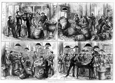 Sketches at the General Post-Office: Receiving Letters at the E.C. Window; Receiving Provincial Bags in the Inland Lobby; Making Up at 7:57 PM; Facing Letters, engraved by J. Bell, from 