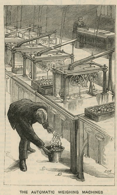 Sketches at the Royal Mint, Tower Hill; The Automatic Weighing Machines by English School
