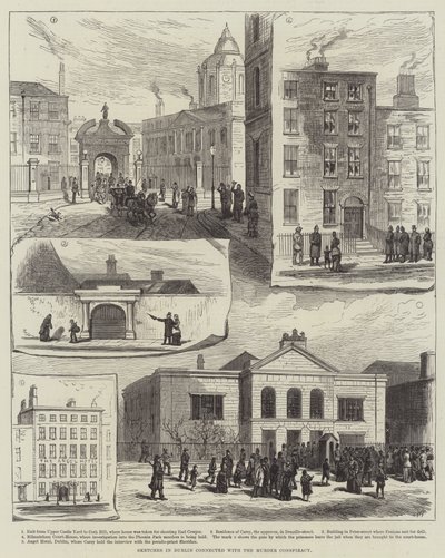 Sketches in Dublin connected with the Murder Conspiracy (engraving) by English School