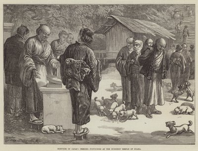 Sketches in Japan, feeding Puppy-Dogs at the Buddhist Temple of Oyama by English School