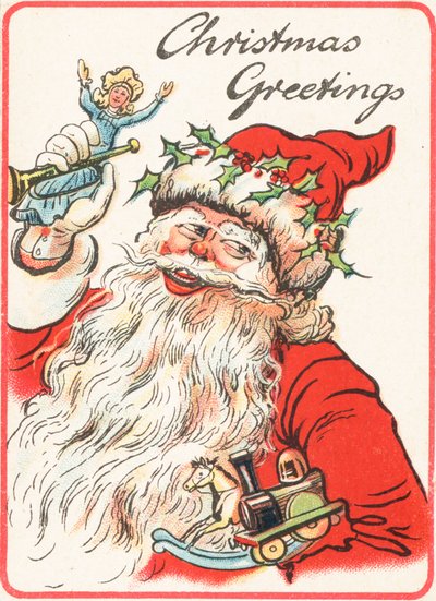 Smiling Santa holding toys by English School