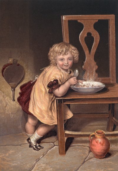 Smiling Child Eating a Meal off a Chair by English School