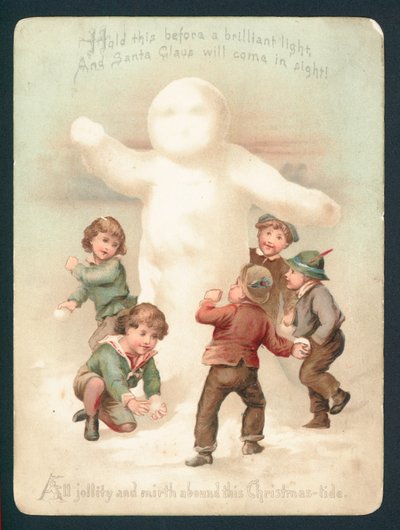 Snowman, children and snowballs by English School