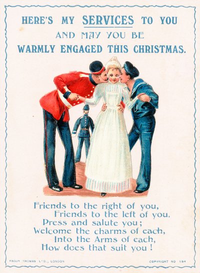 Soldiers kissing girl, Christmas Card by English School