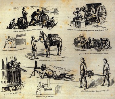 Some varieties of the Nordenfelt gun as now used in the Army and Navy, from The Graphic, 10th April 1886 by English School