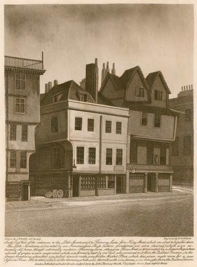 South east view of the entrances to Little Sanctuary and to Thieving Lane from King Street by English School