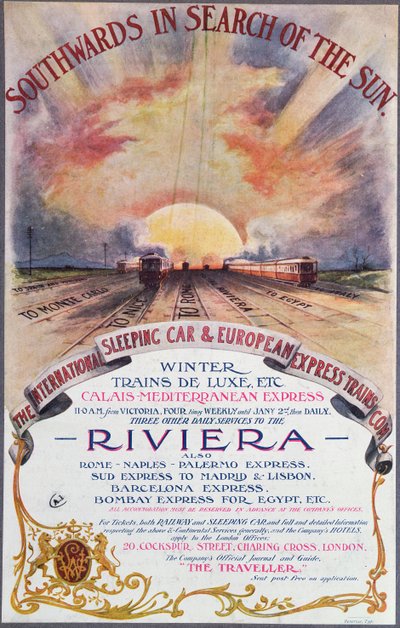 Southwards to the Sun, poster advertising the International Sleeping Car Train Company services to the French Riviera, c.1910 by English School