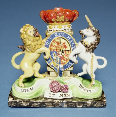 Spill vase, in the form of the Royal Arms on a black marble plinth, Walton by English School