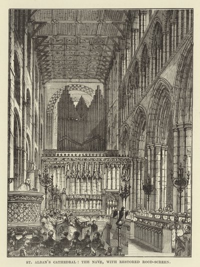 St Albans Cathedral, the nave, with restored rood-screen by English School