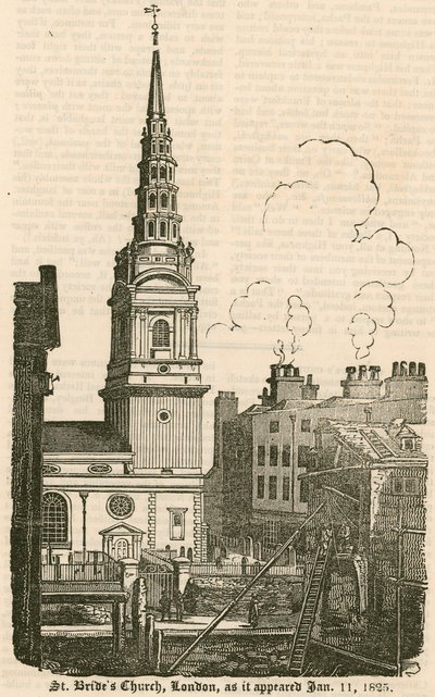 St Brides Church, Fleet Street, London, as it appeared 11 January 1825 by English School