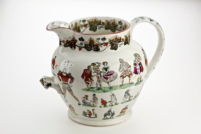Staffordshire jug decorated with Harlequin figures and carnival theme, 1866 by English School