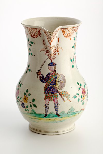 Staffordshire jug decorated with figure in Highland costume, 1755 by English School