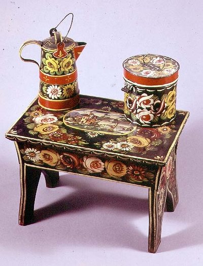 Stool, coffee pot and box by English School