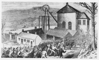 Striking miners attack cottages occupied by non-union workers by English School