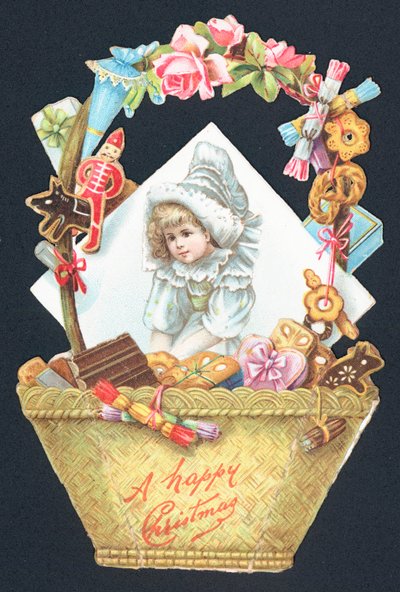 Sweet Basket and Picture of Girl, Christmas Card by English School