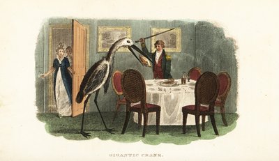 Tame giant crane stealing a whole boiled fowl from the dining table by English School