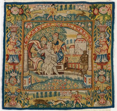 Tapestry cushion cover depicting Susannah at the Bath by English School