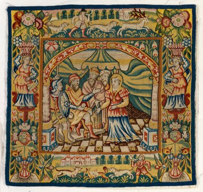 Tapestry cushion cover depicting Susannah before Judge by English School