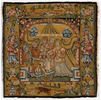 Tapestry cushion cover depicting Susannah before Judge by English School