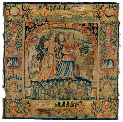 Tapestry cushion cover depicting Susannah on her way to the bath by English School