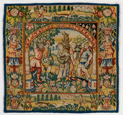 Tapestry cushion cover depicting The Stoning of Elders by English School