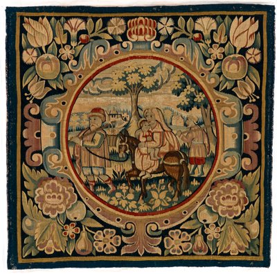 Tapestry Cushion Cover Depicting the Flight into Egypt, Made Possibly in Sheldon, England, Early 17th Century by English School